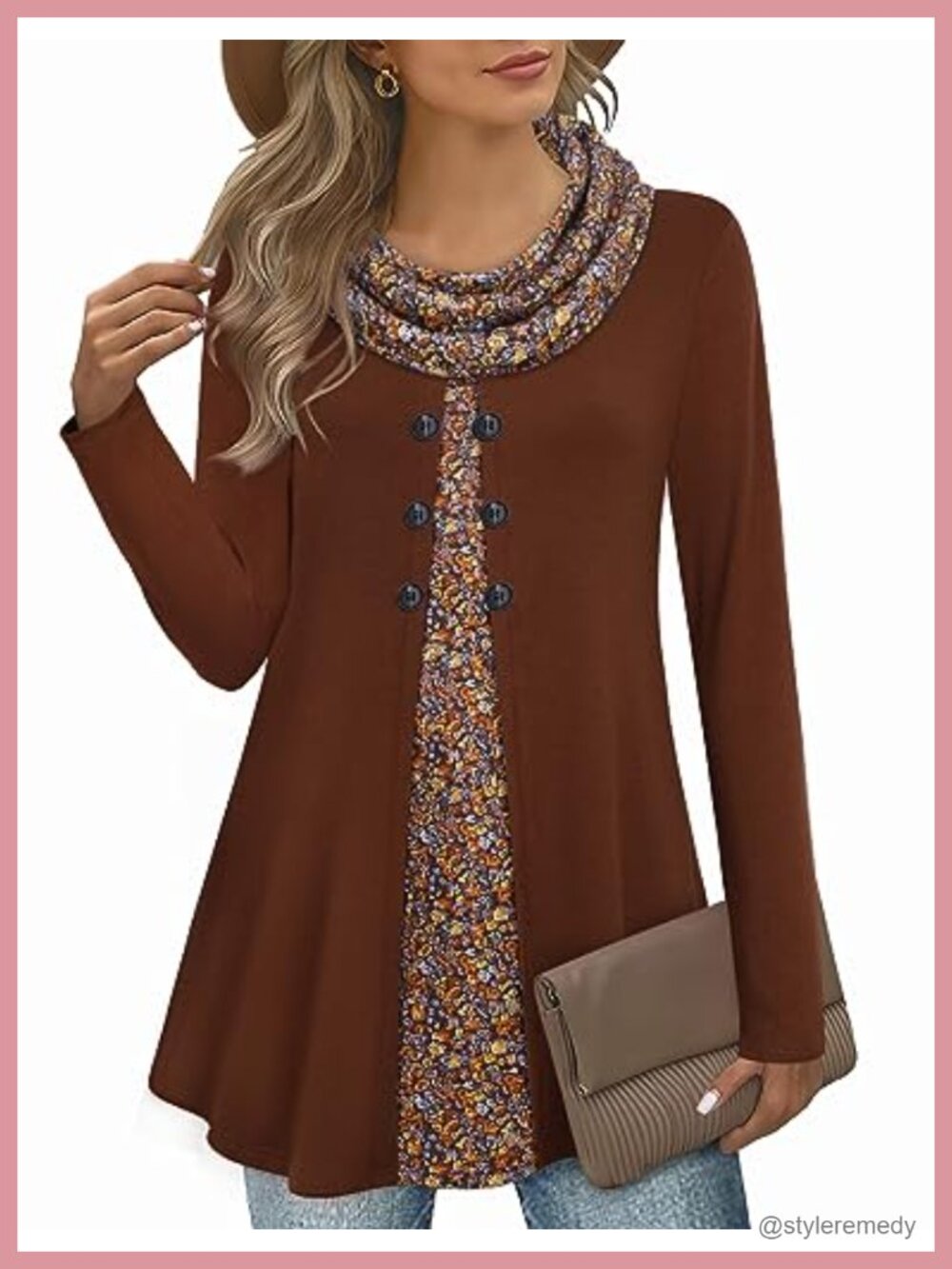 Cowl Neck Spliced Tunic Top Long Sleeve Button Detail A-Line
